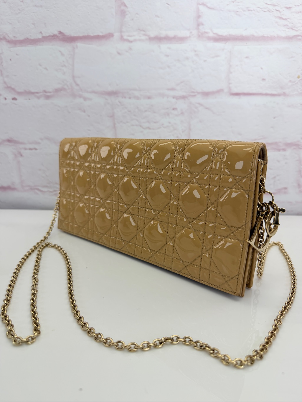 Christian Dior Patent Cannage Lady Dior Convertible Clutch Beige